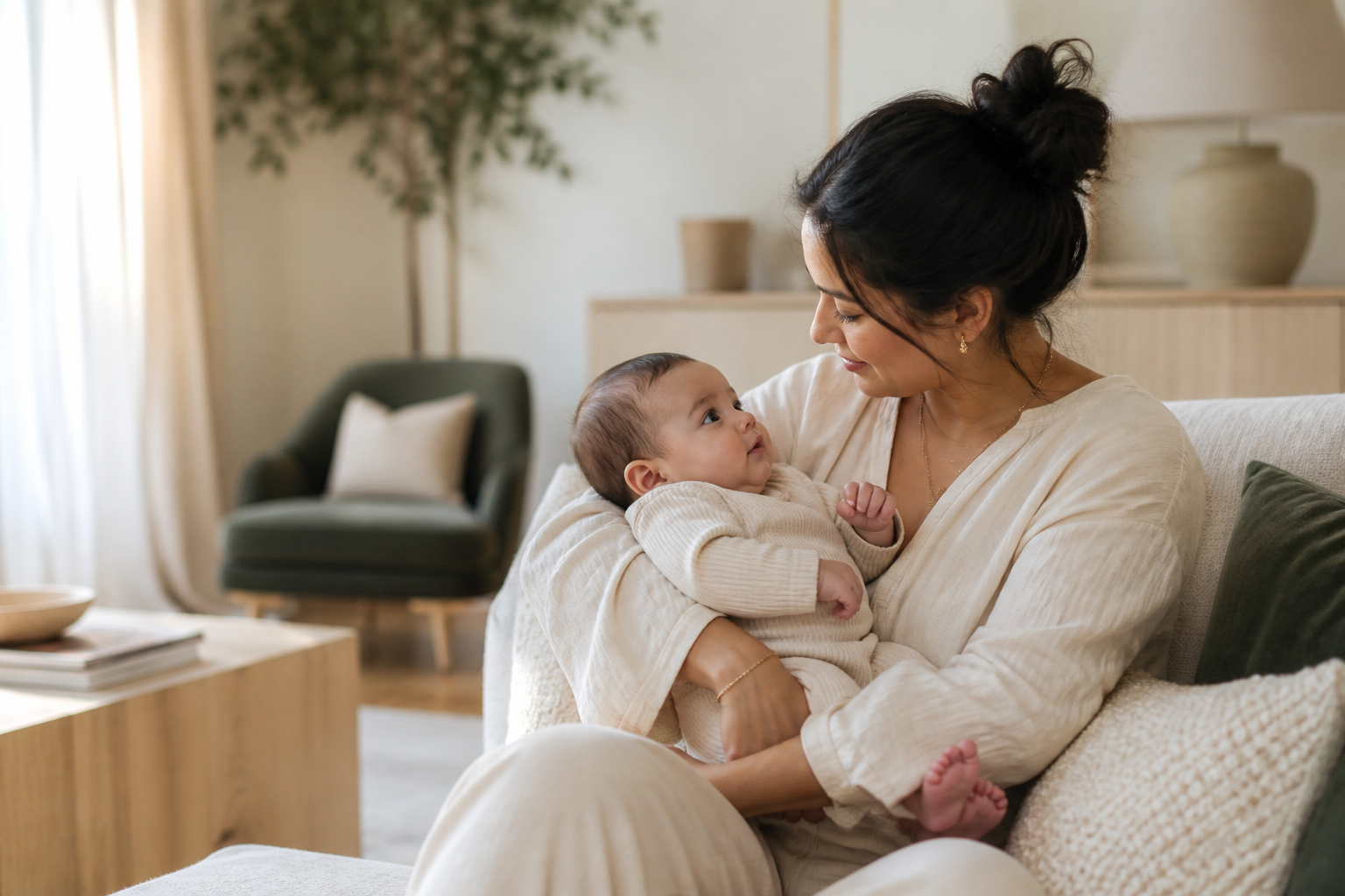 An awake baby sharing a quiet moment of connection with their parent at home